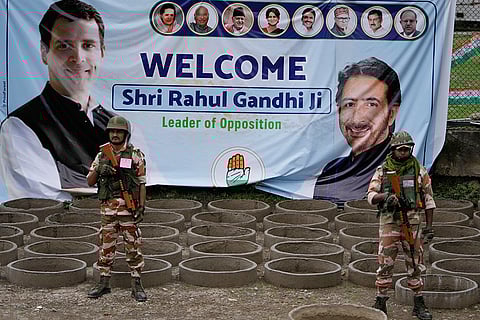 J-K Assembly polls: Indian soldiers guard during an election rally at Dooru